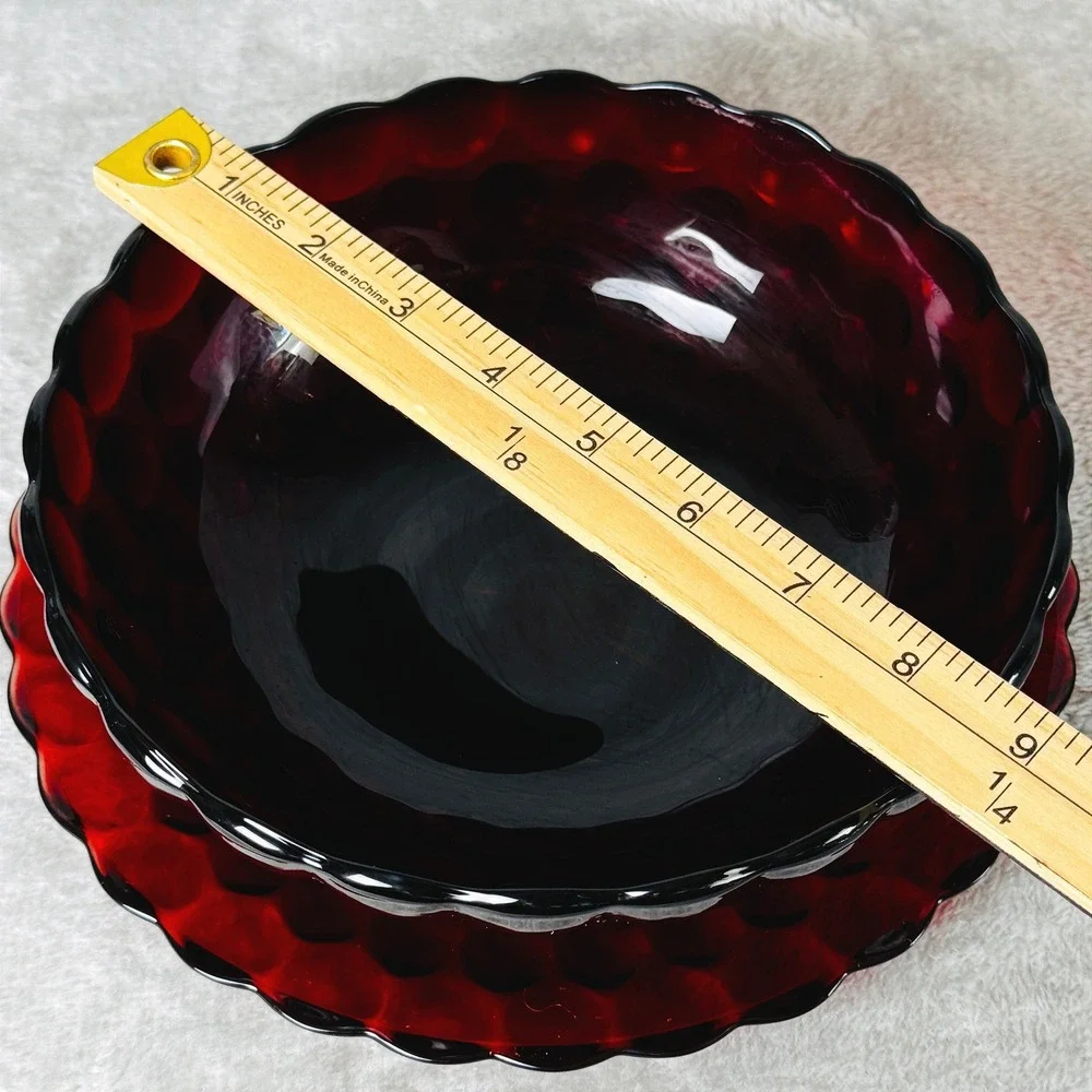 Anchor Hocking Ruby Red Glass Serving Bowl Plate Set Bubble Scalloped Vintage